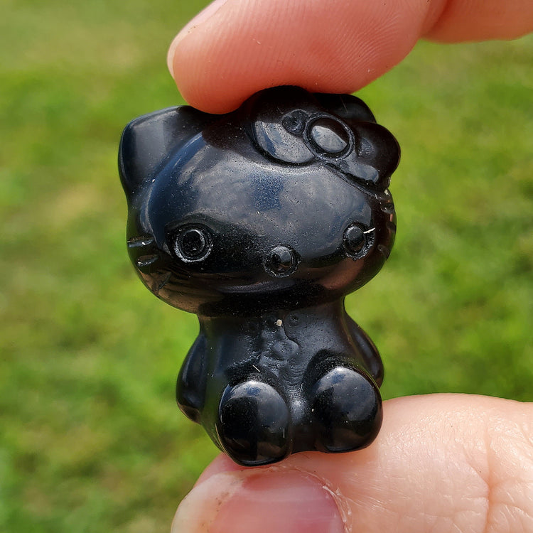 Black Obsidian Kawaii Kitty Carving BONUS INFO CARD Crystals Collectible Figures