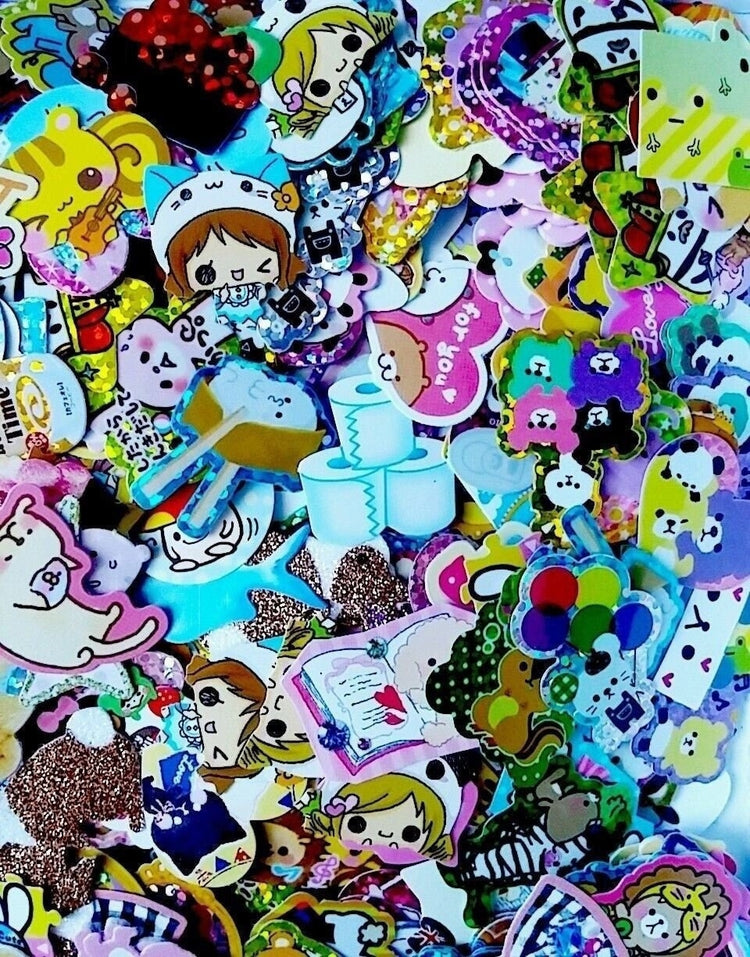 Kawaii Sticker Flake 50 Lot Sack San-x Kamio Mind Wave Q-lia Crux + Bonus Look Collectible Stationery