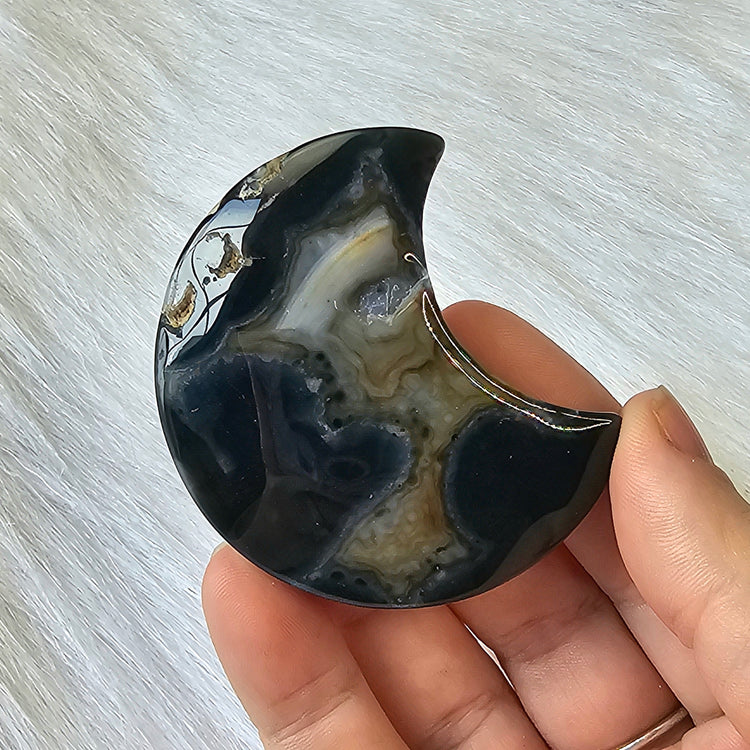 Black Flower Agate Moon Carving Druzy Crystals Minerals Stones Nature