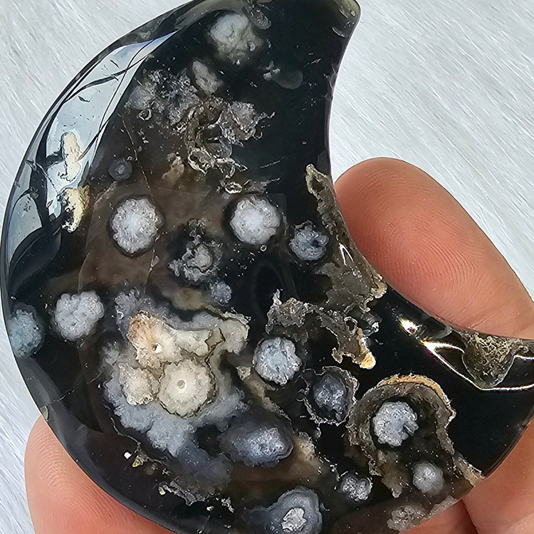 Black Flower Agate Moon Carving Druzy Crystals Minerals Stones Nature