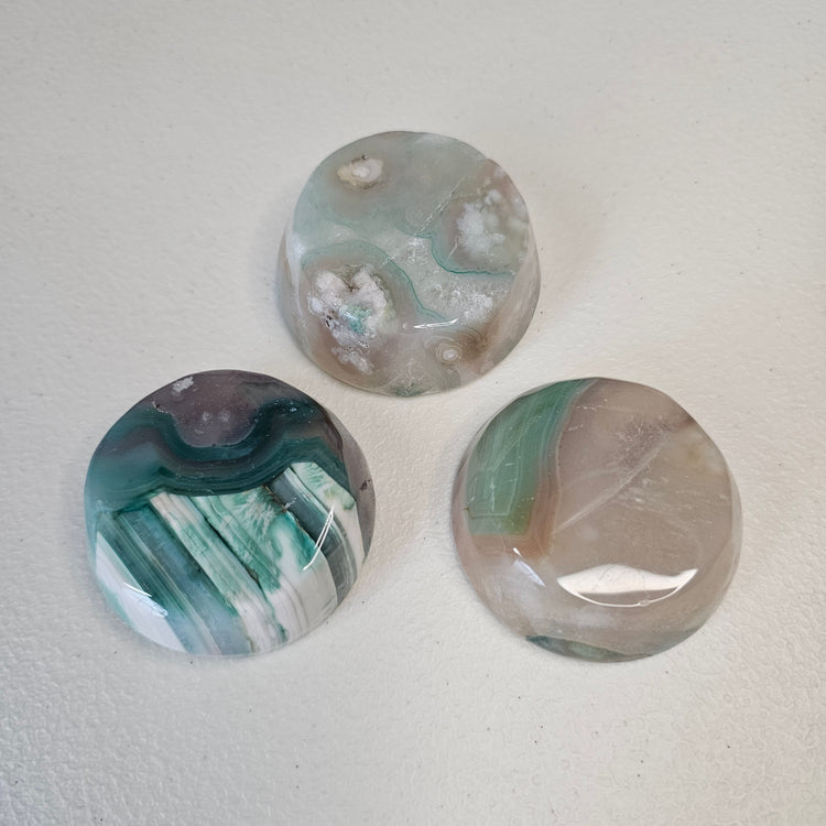 Green Flower Agate Mini Bowls Lot (3) Sphere Holder Stands