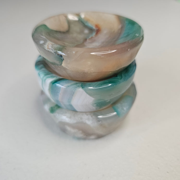 Green Flower Agate Mini Bowls Lot (3) Sphere Holder Stands