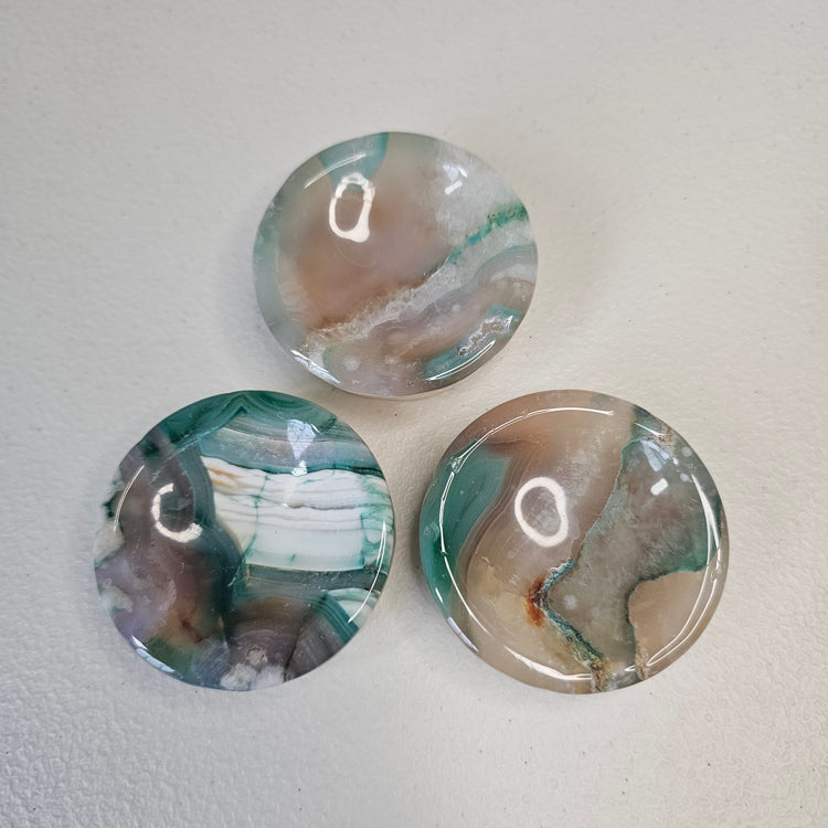 Green Flower Agate Mini Bowls Lot (3) Sphere Holder Stands