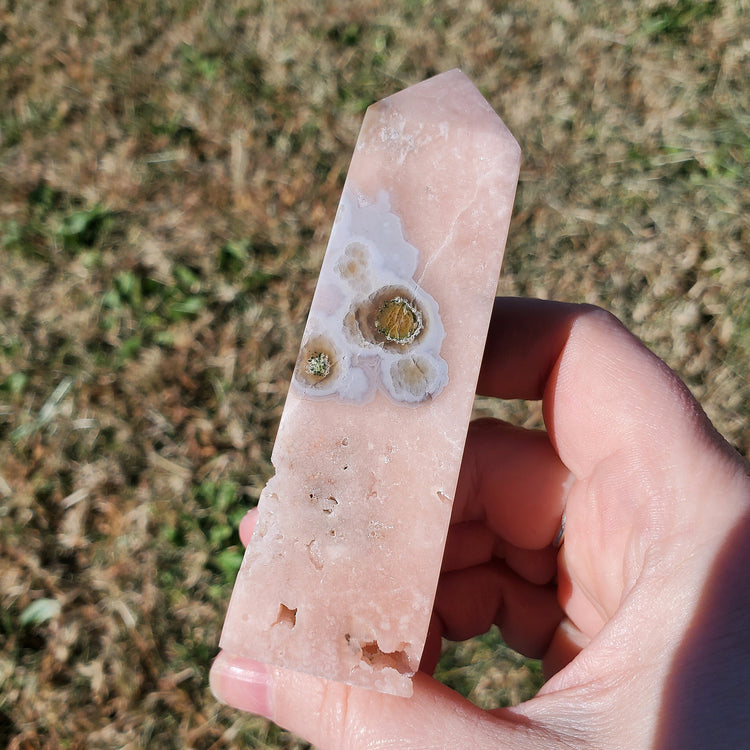 Pink Amethyst Flower Agate Tower Point BONUS INFO CARD Crystals Minerals Stones