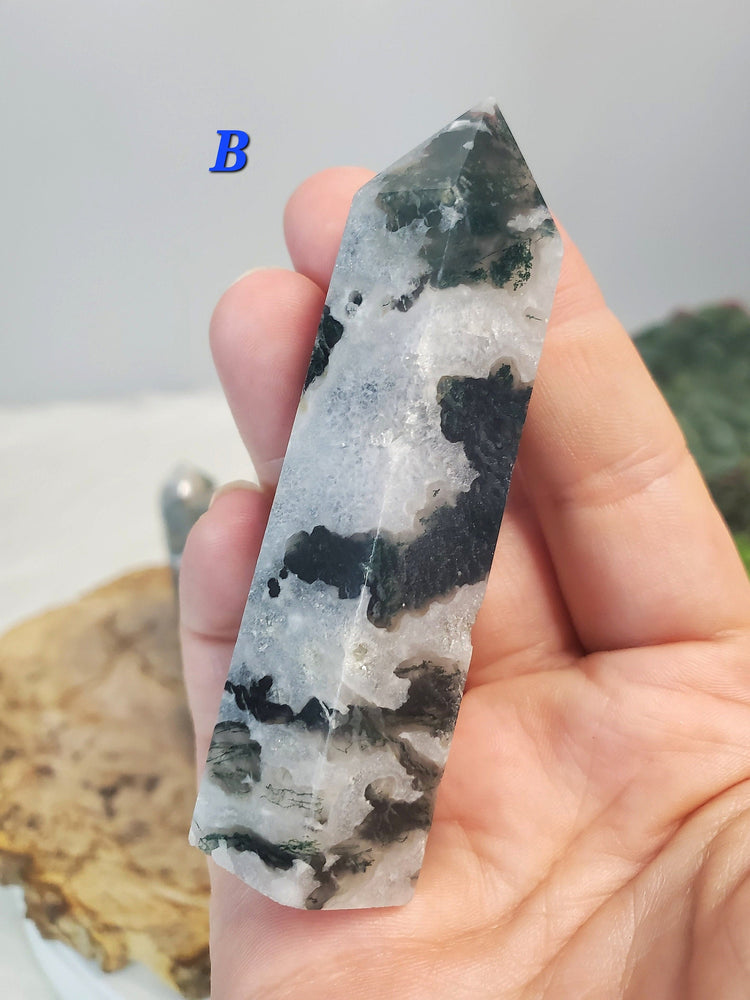 Beautiful Moss Agate Quartz & Druzy Towers PICK ONE Crystals Minerals Metaphysical BONUS Information Card