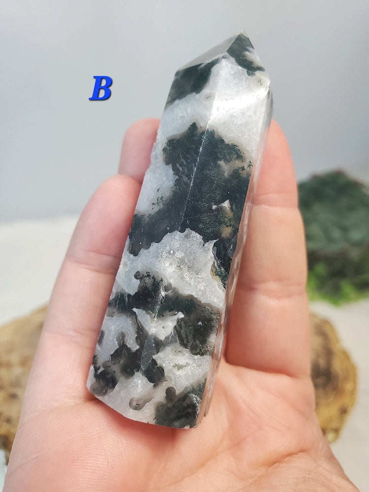 Beautiful Moss Agate Quartz & Druzy Towers PICK ONE Crystals Minerals Metaphysical BONUS Information Card