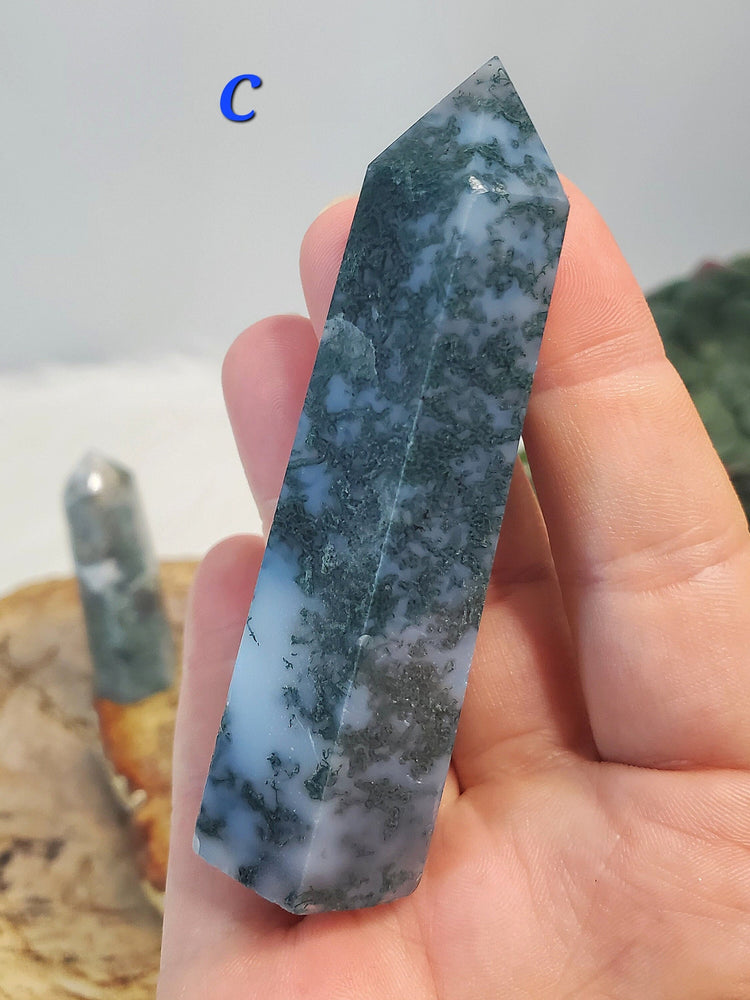 Beautiful Moss Agate Quartz & Druzy Towers PICK ONE Crystals Minerals Metaphysical BONUS Information Card