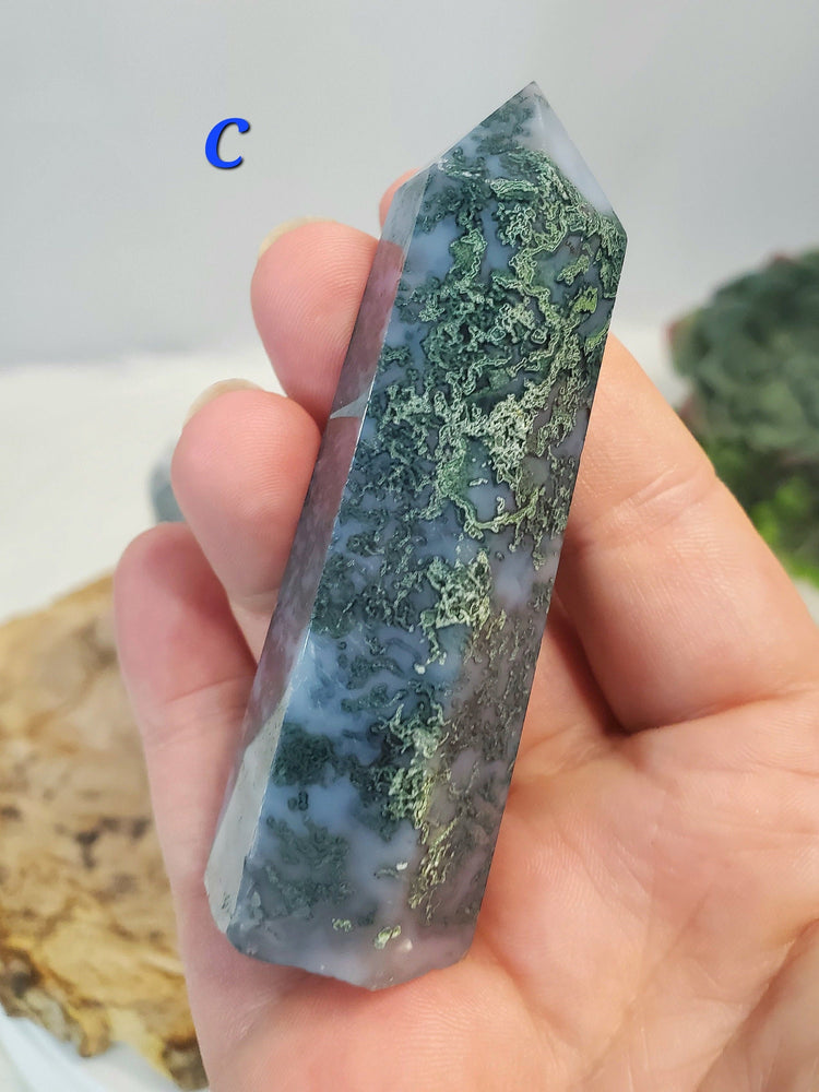 Beautiful Moss Agate Quartz & Druzy Towers PICK ONE Crystals Minerals Metaphysical BONUS Information Card