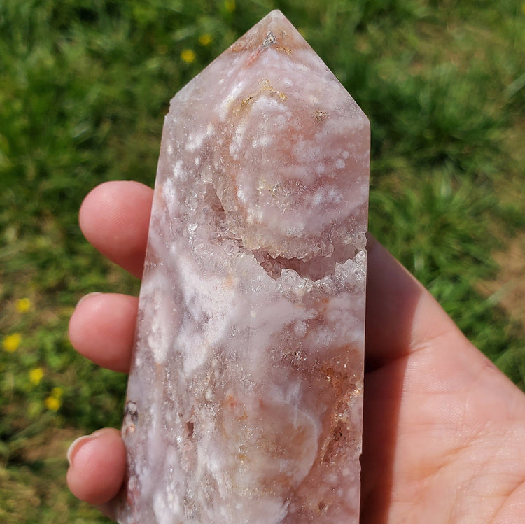 Pink Amethyst Flower Agate Tower Point BONUS Info Card Crystals Minerals Stones Natural Metaphysical Nature Reiki Sugary Collectible A2