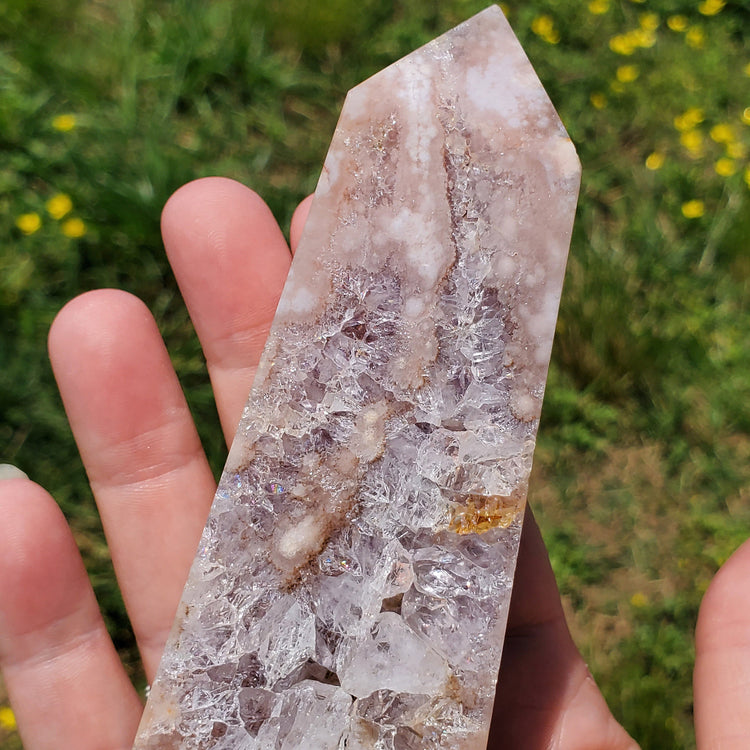 Pink Amethyst Flower Agate Tower Point BONUS Info Card Crystals Minerals Stones Natural Metaphysical Nature Reiki Sugary Collectible A03