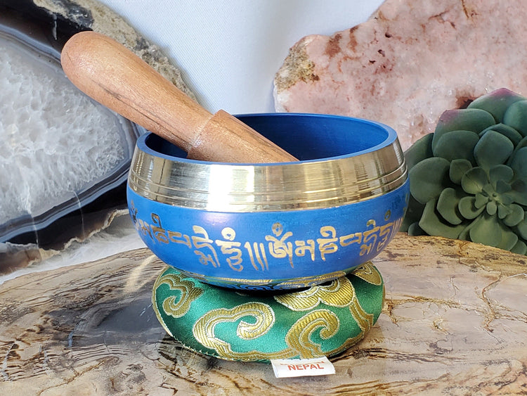 Chakra Tibetan Song Bowl with Pillow & Striker Blue Meditiation Music Yoga Reiki Cleansing Natural Healing Gifts Metaphysical Spiritual